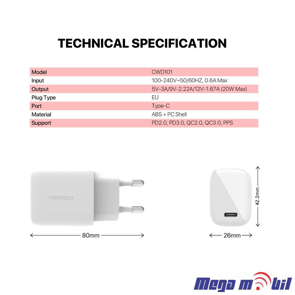 Polnac 220V Fantech CWD101 Single Port PD FAST 20W 3A 