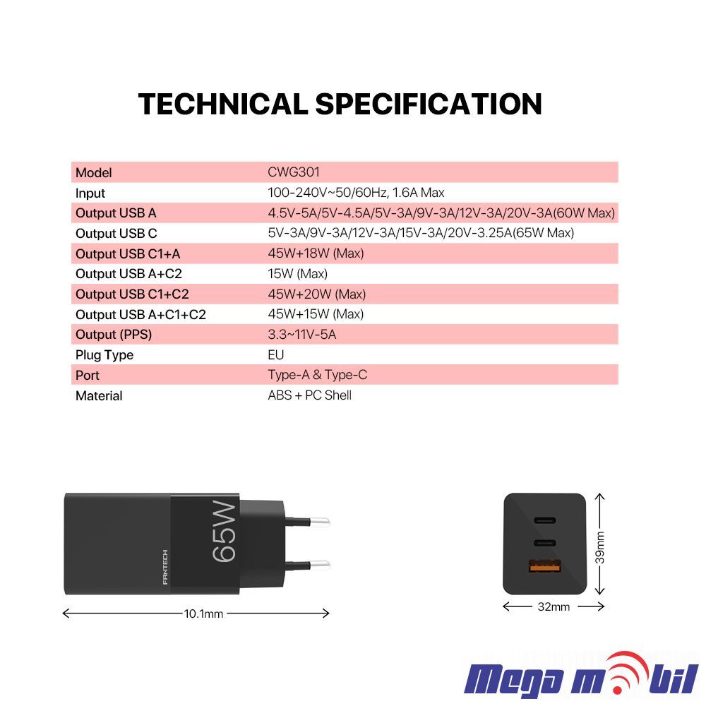 Polnac 220V Fantech CWG301 3 Port PPS/PD+QC FAST 65W.