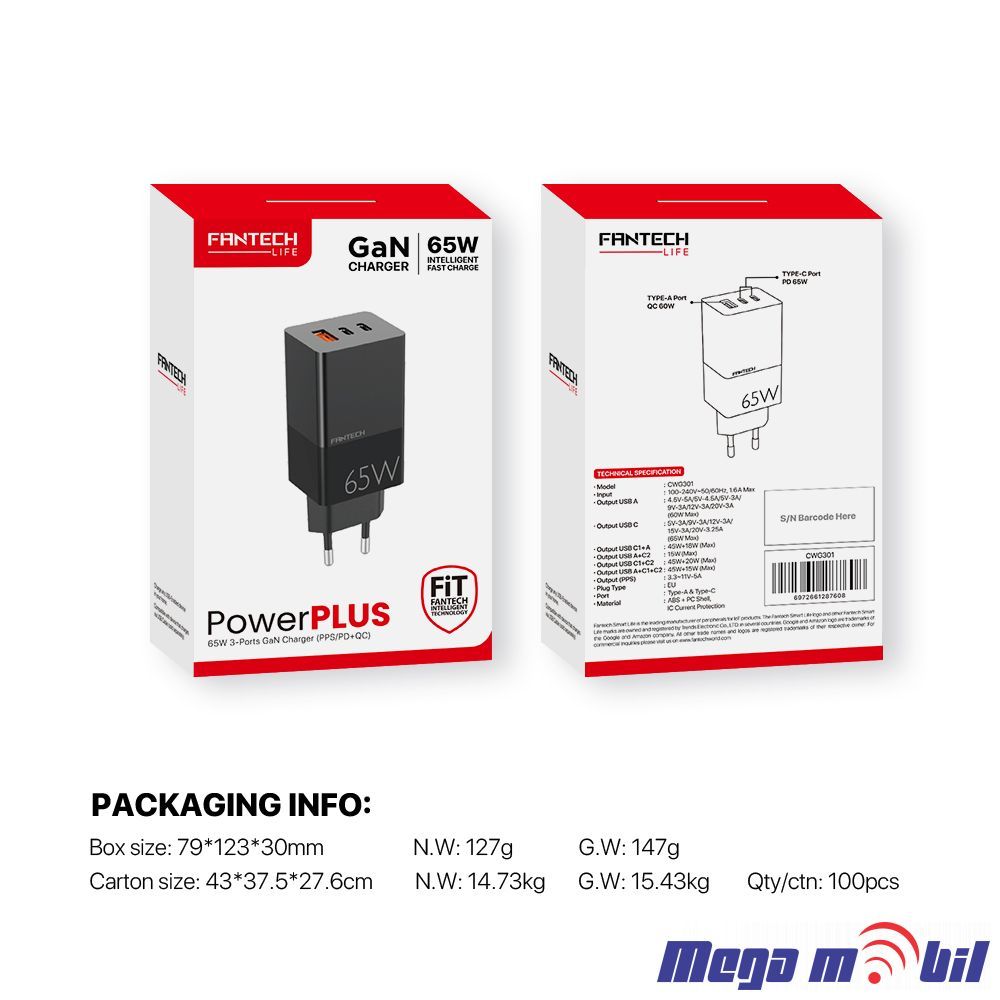 Polnac 220V Fantech CWG301 3 Port PPS/PD+QC FAST 65W.