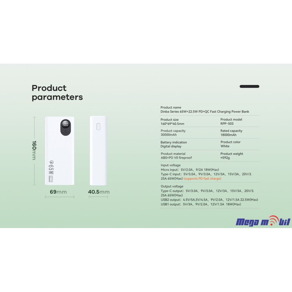 Baterija eksterna 30000mAh REMAX Dinba RPP-503 FAST+PD 65W white
