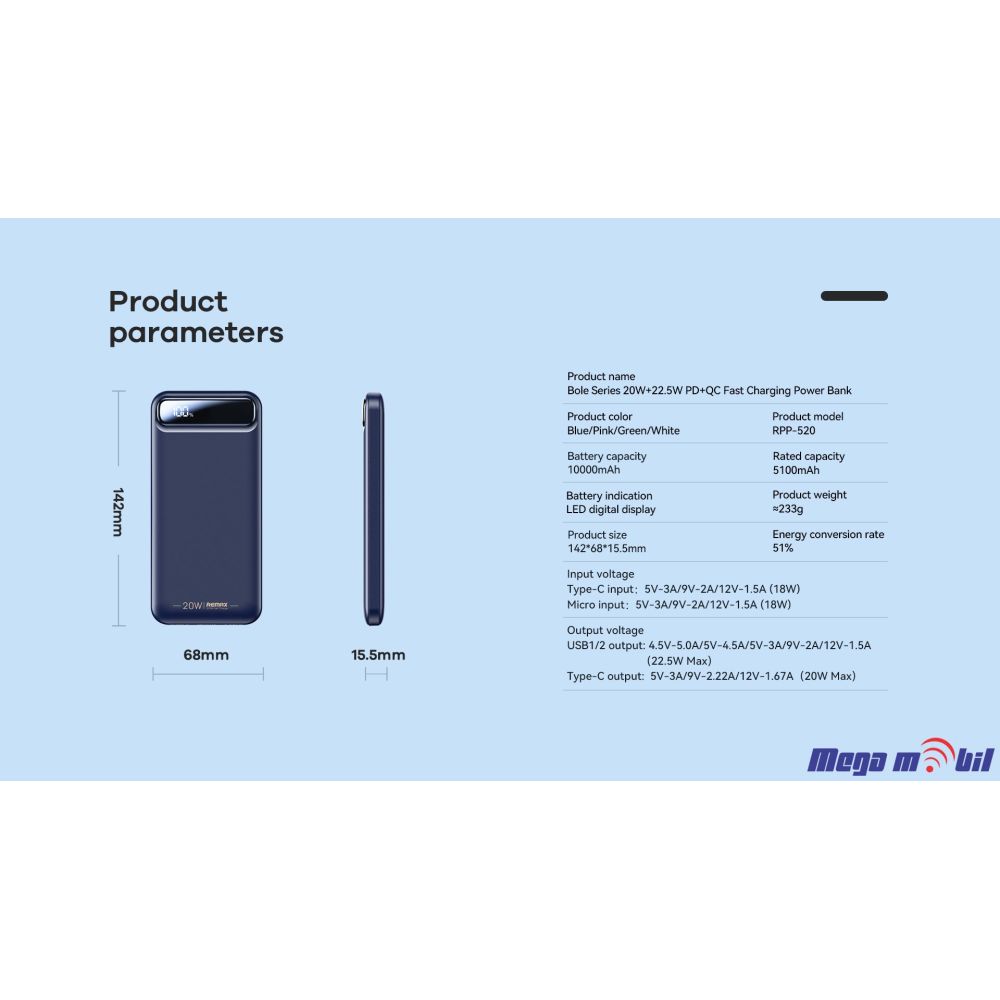 Baterija eksterna 10000mAh REMAX Bole RPP-520 FAST+PD green