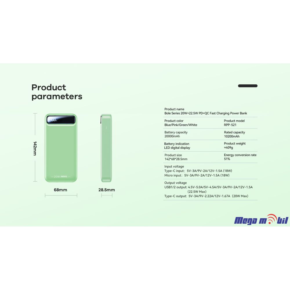 Baterija eksterna 20000mAh REMAX Bole RPP-521 FAST+PD blue