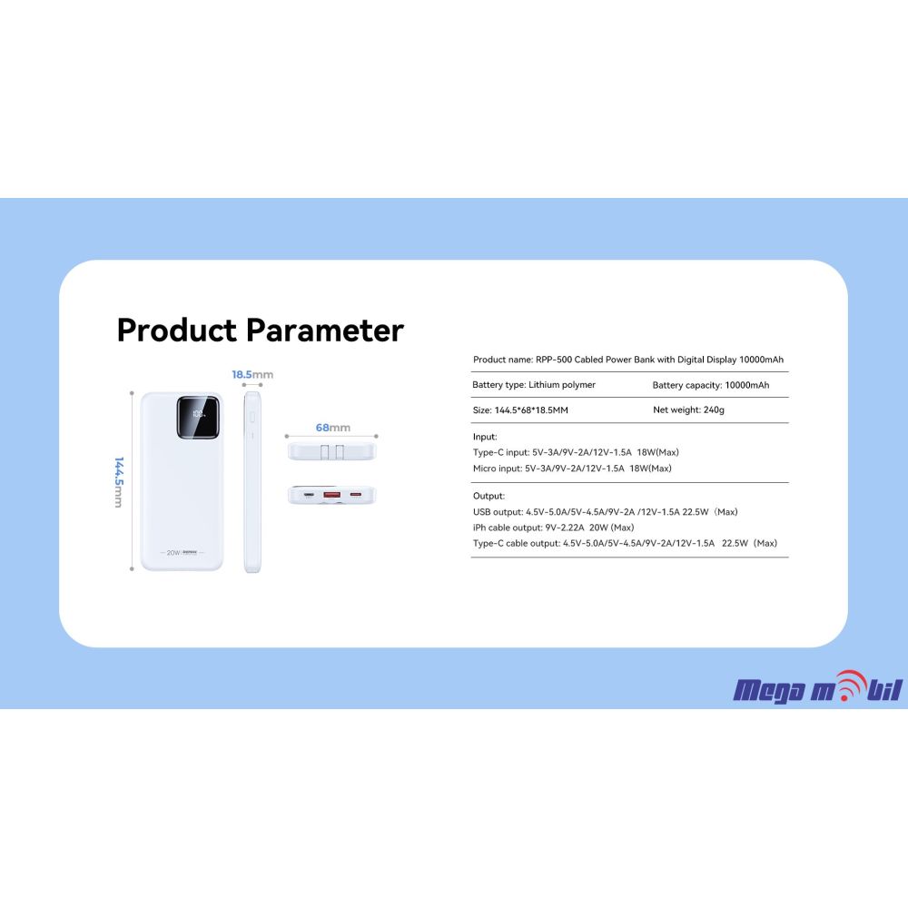 Baterija eksterna 10000mAh REMAX Suji RPP-500 FAST+PD white