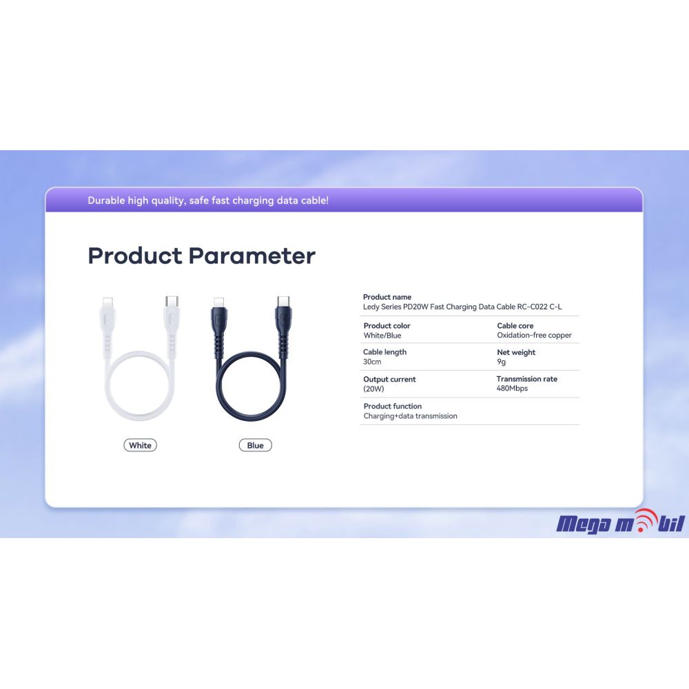 Data Kabel Type C PD REMAX Ledy RC-C022 65W Fast 0.3m blue