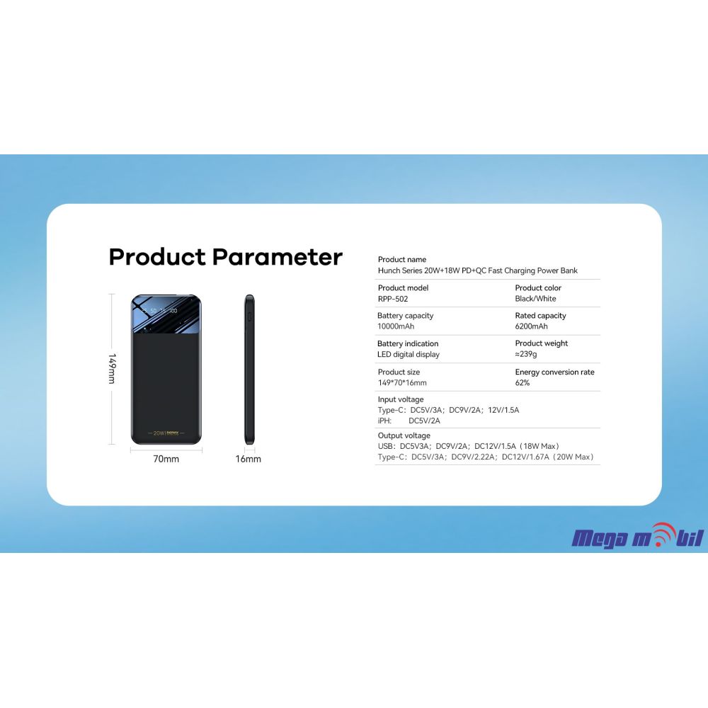 Baterija eksterna 10000mAh REMAX Hunch RPP-502 FAST+PD black