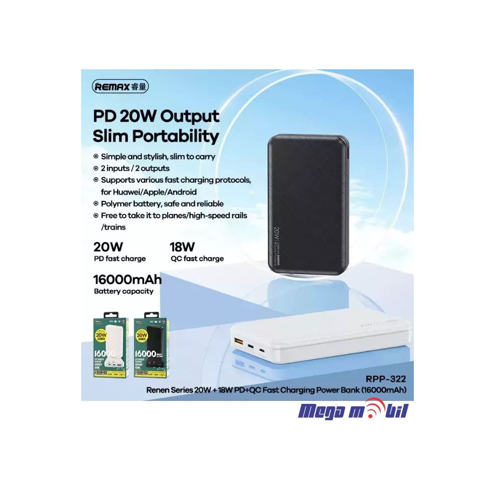 Baterija eksterna 16000mAh REMAX Renen RPP-322 FAST+PD black