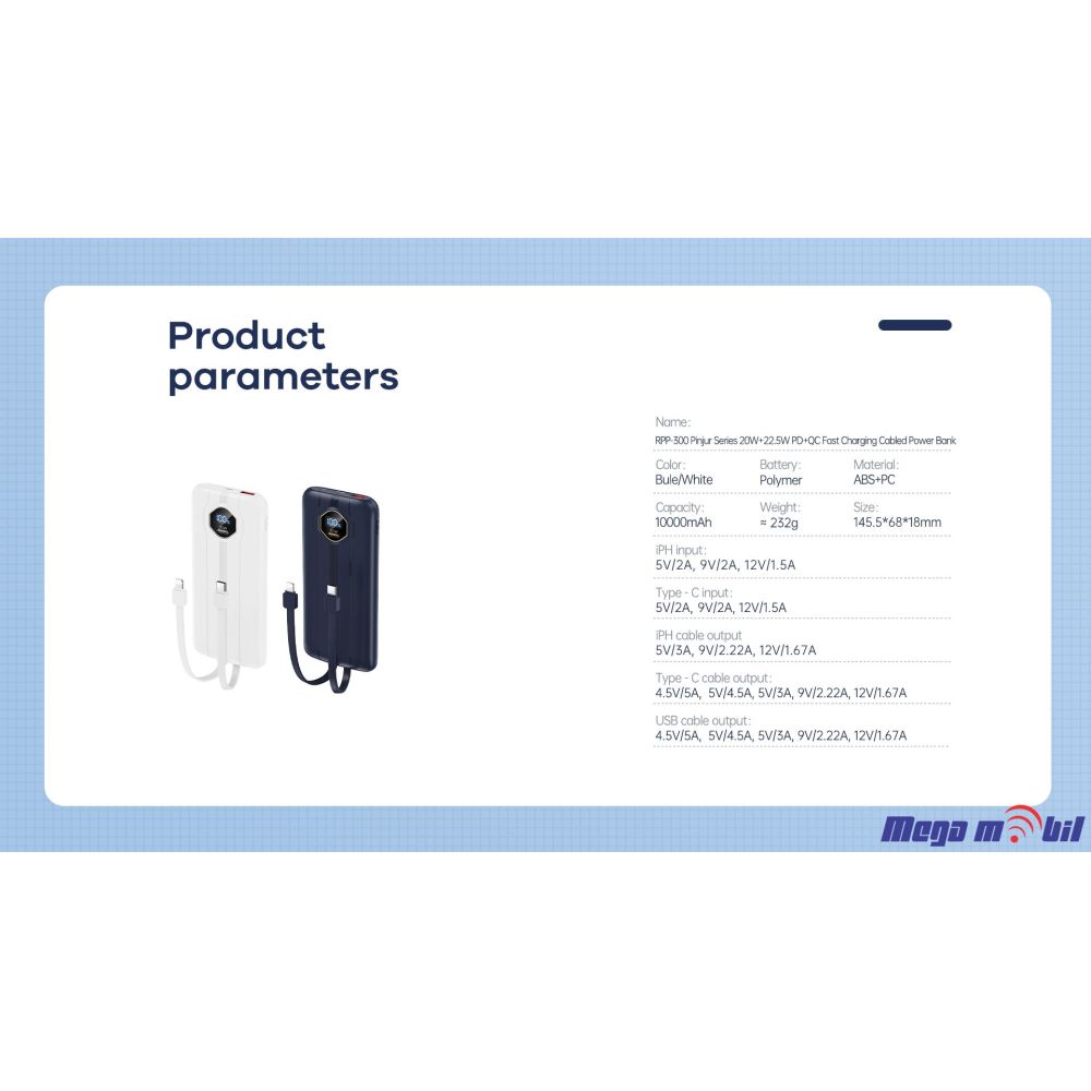 Baterija eksterna 10000mAh REMAX Pinjur RPP-300 FAST+PD blue