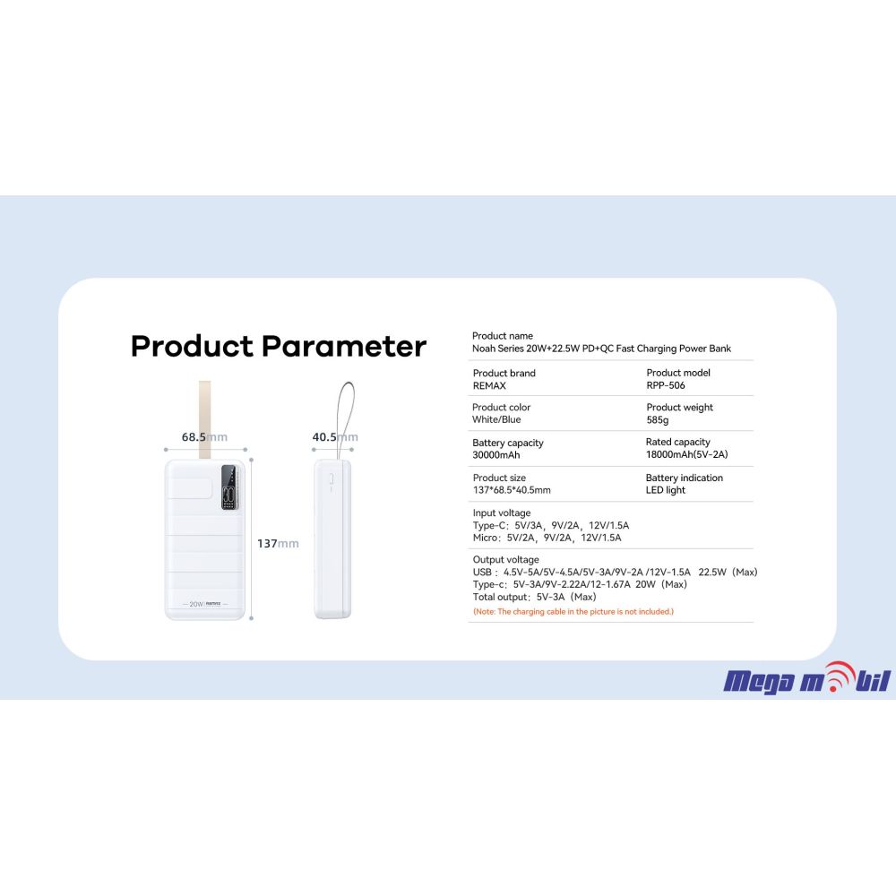 Baterija eksterna 30000mAh REMAX Noah RPP-506 FAST+PD white