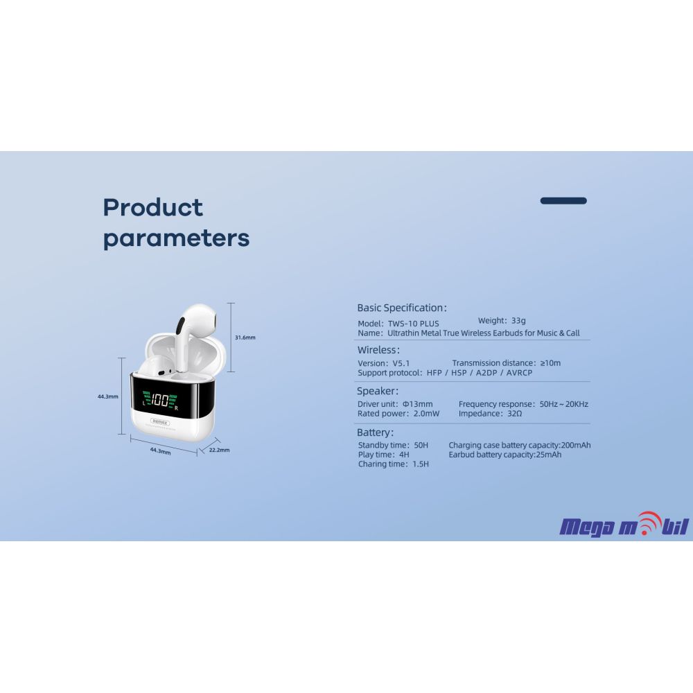 Slusalki Bluetooth REMAX TWS-10 Plus white