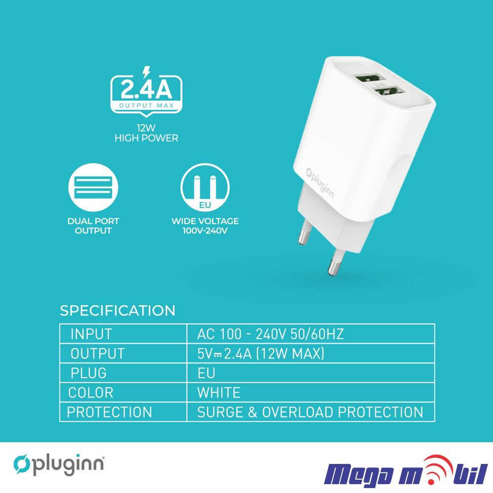 Polnac 220V iPhone Pluginn PI-D47 5V 2.4A 12W 2XUSB white