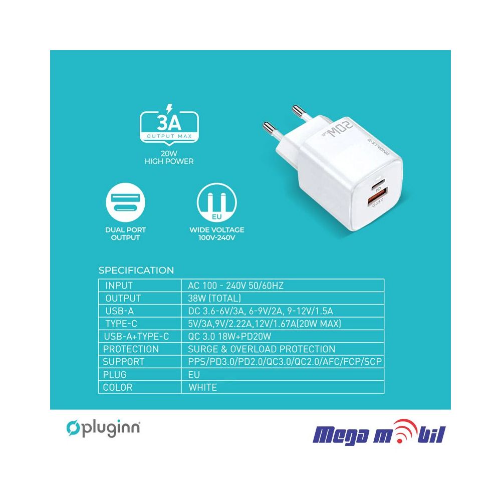 Polnac 220V Type C Pluginn PI-D73 QC3.0 PD3.0 PPS USB-PD 18W+20W, 38W (total) white
