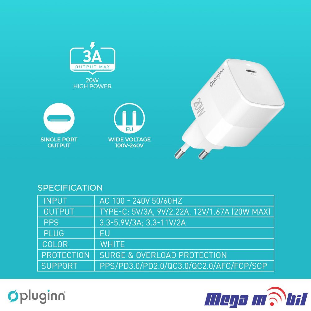 Polnac 220V Pluginn PI-D61S Plus PD3.0 PPS 20W white
