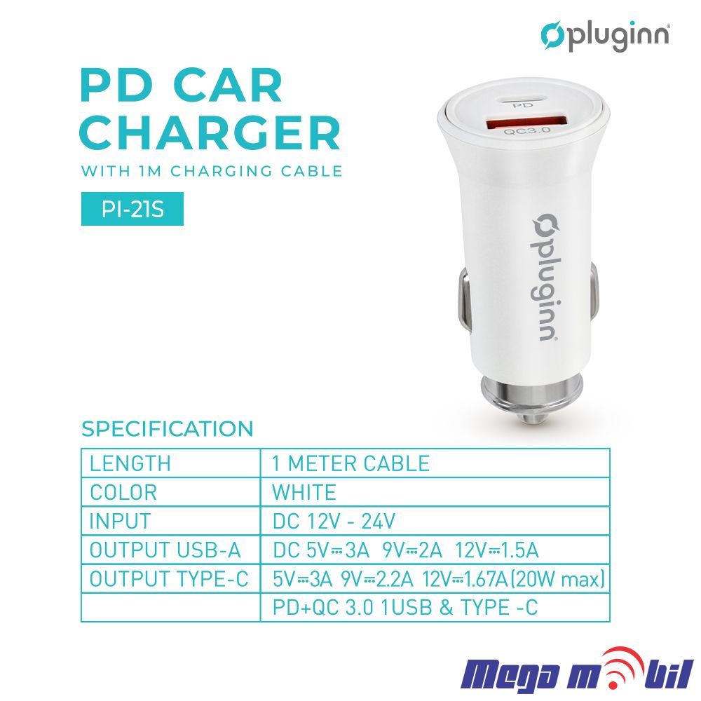 Polnac 12V/24V Type C PD Pluginn PI-21S, PD 20W, QC 3.0 18W white