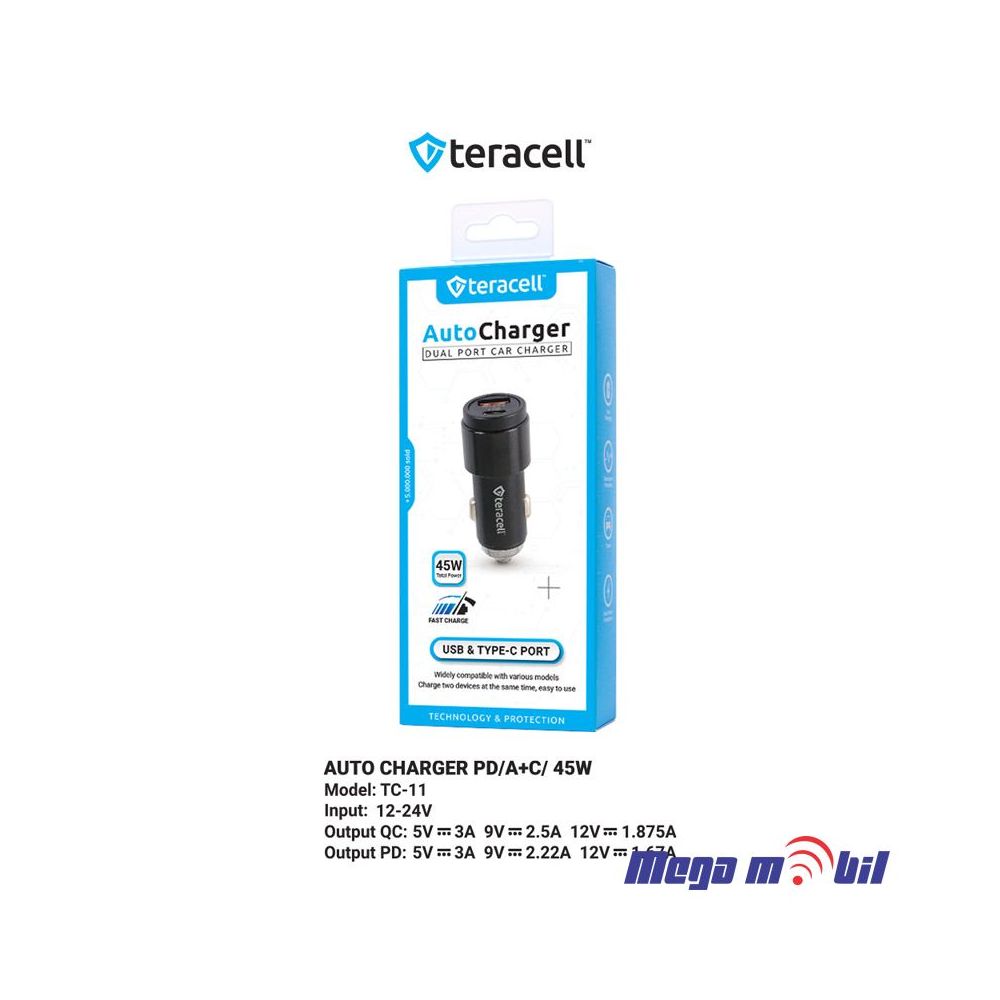 Polnac 12V/24V Type C Teracell Evolution TC-11 PD 22.5W + USB QC3.0 20W, 45W (total) black.