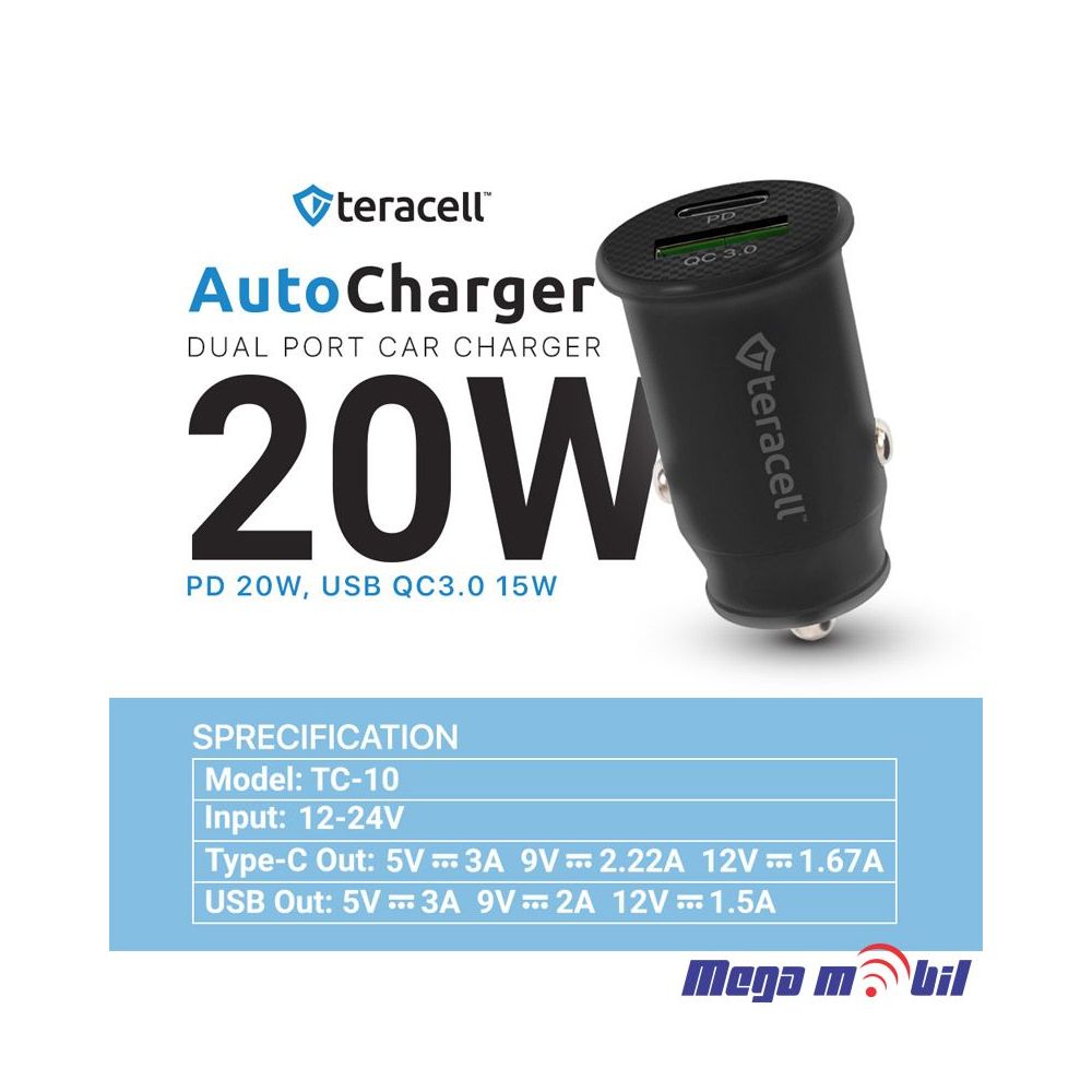 Polnac 12V/24V Micro Teracell Evolution TC-10 PD 20W, USB QC3.0 15W black.