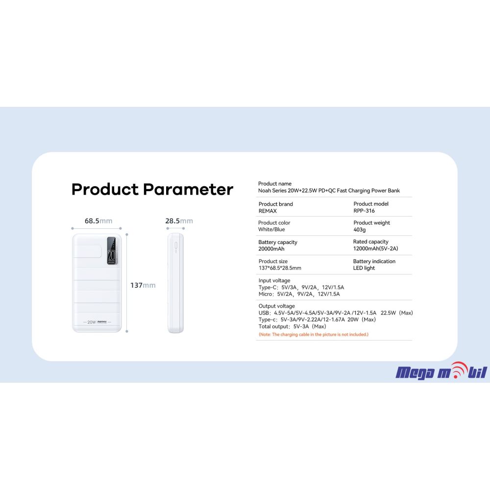 Baterija eksterna 20000mAh REMAX Noah RPP-316 FAST+PD white