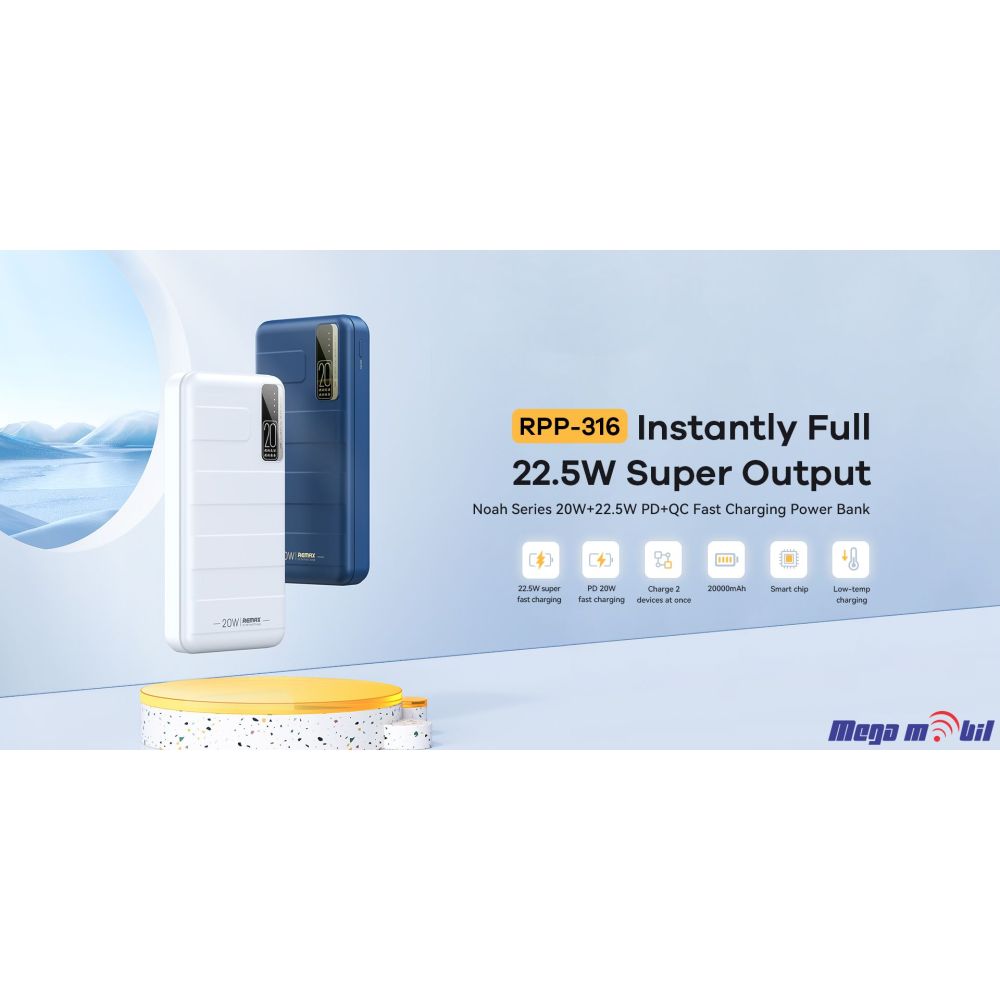 Baterija eksterna 20000mAh REMAX Noah RPP-316 FAST+PD white