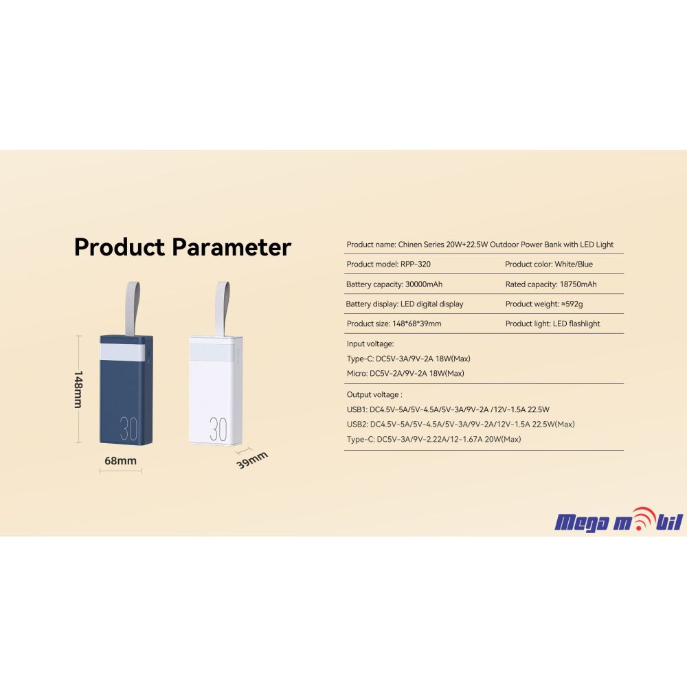 Baterija eksterna 30000mAh REMAX Chinen RPP-320 FAST+PD with LED light white