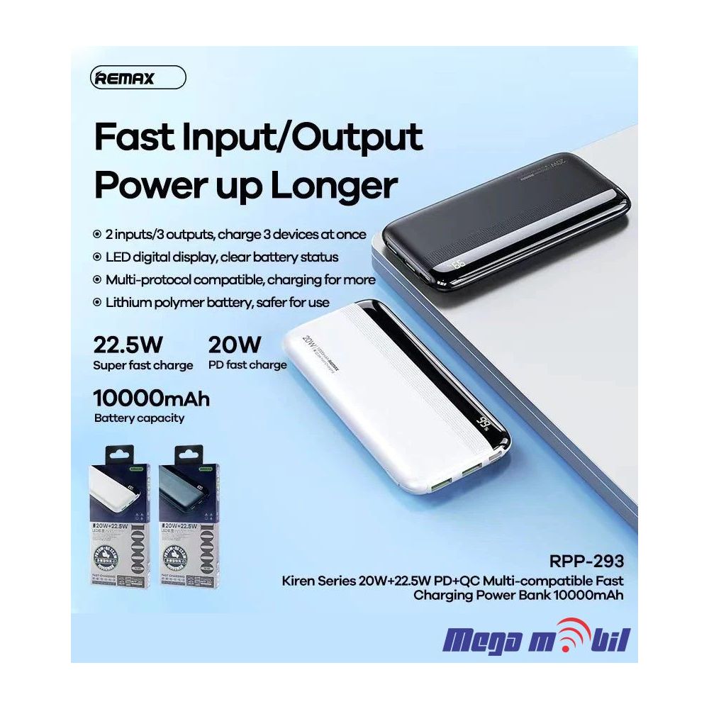 Baterija eksterna 10000mAh REMAX Kiren RPP-293 FAST+PD blue