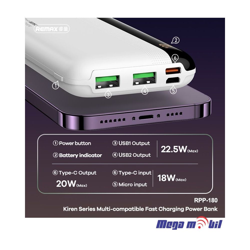 Baterija eksterna 10000mAh REMAX Kiren RPP-293 FAST+PD blue