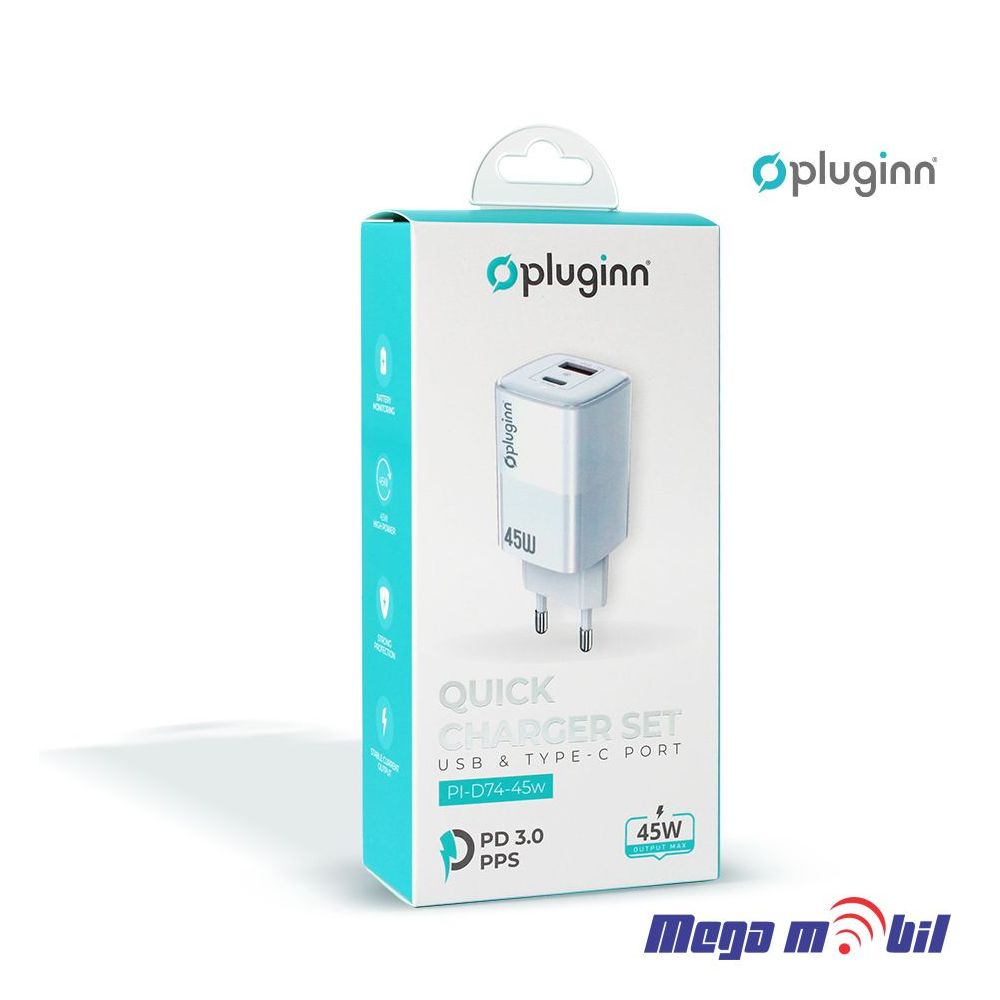 Polnac 220V Type C Pluginn PI-D74-45w QC3.0 PD3.0 PPS USB-PD 12W+33W, 45W (total) white