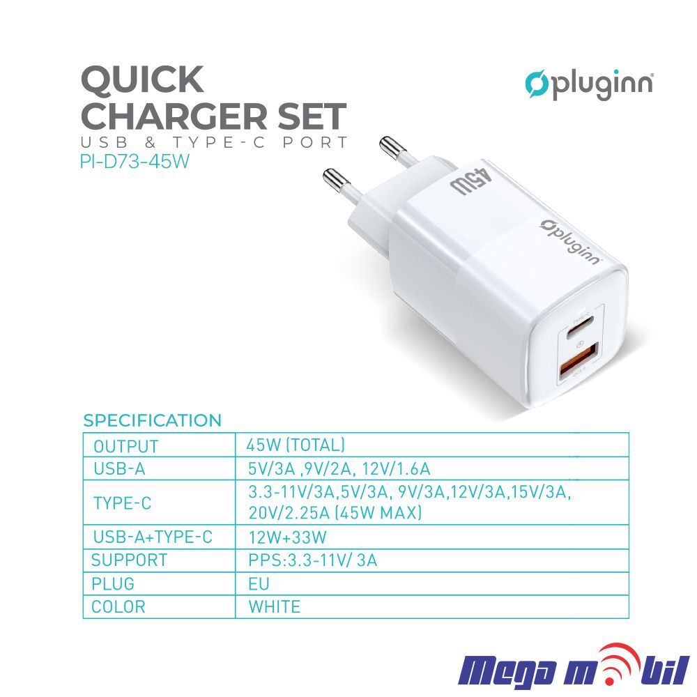 Polnac 220V Type C Pluginn PI-D74-45w QC3.0 PD3.0 PPS USB-PD 12W+33W, 45W (total) white