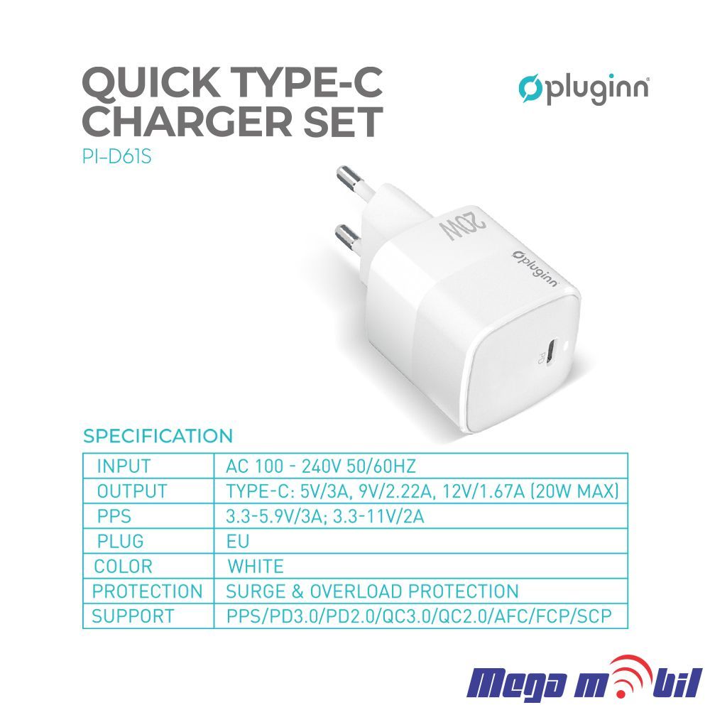 Polnac 220V iPhone Pluginn PI-D61S PD3.0 PPS 20W white