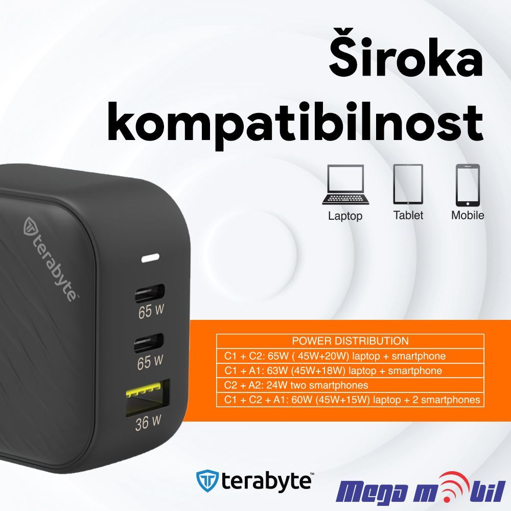 Polnac 220V Univerzalen Terabyte TR65W, GaN, PPS, PD 3.0, QC 3.0, 65W black