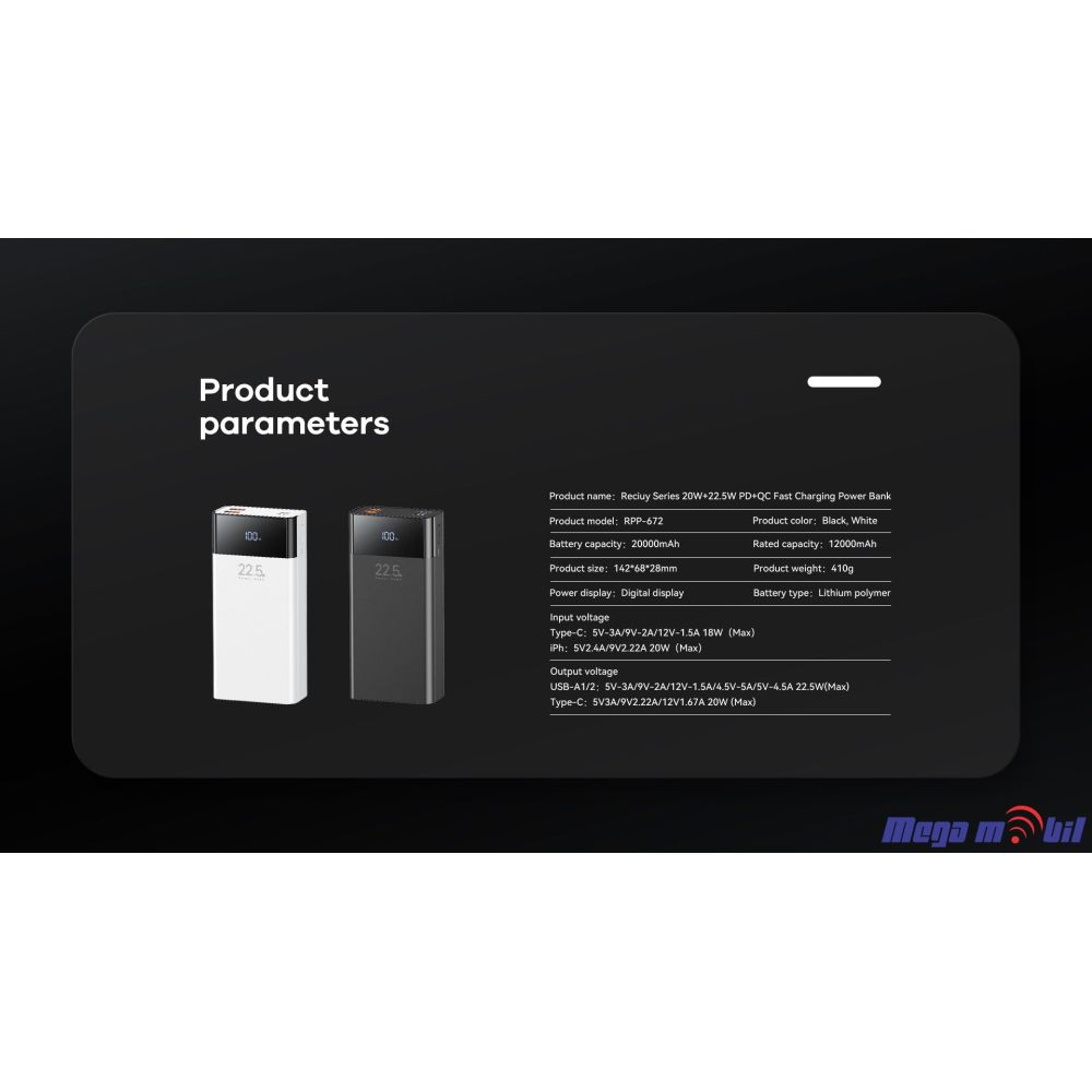 Baterija eksterna 20000mAh REMAX Reciuy RPP-672 FAST+PD white