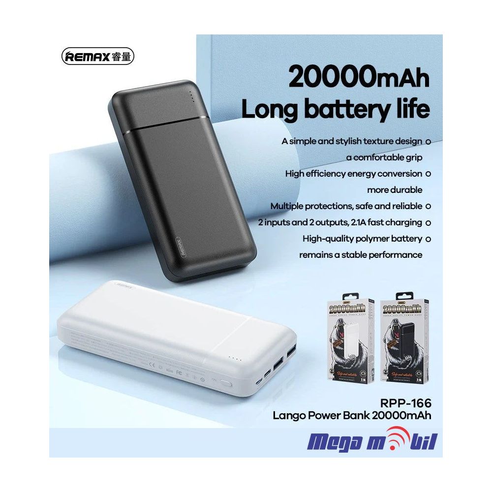 Baterija eksterna 20000mAh REMAX Lango RPP-166 white