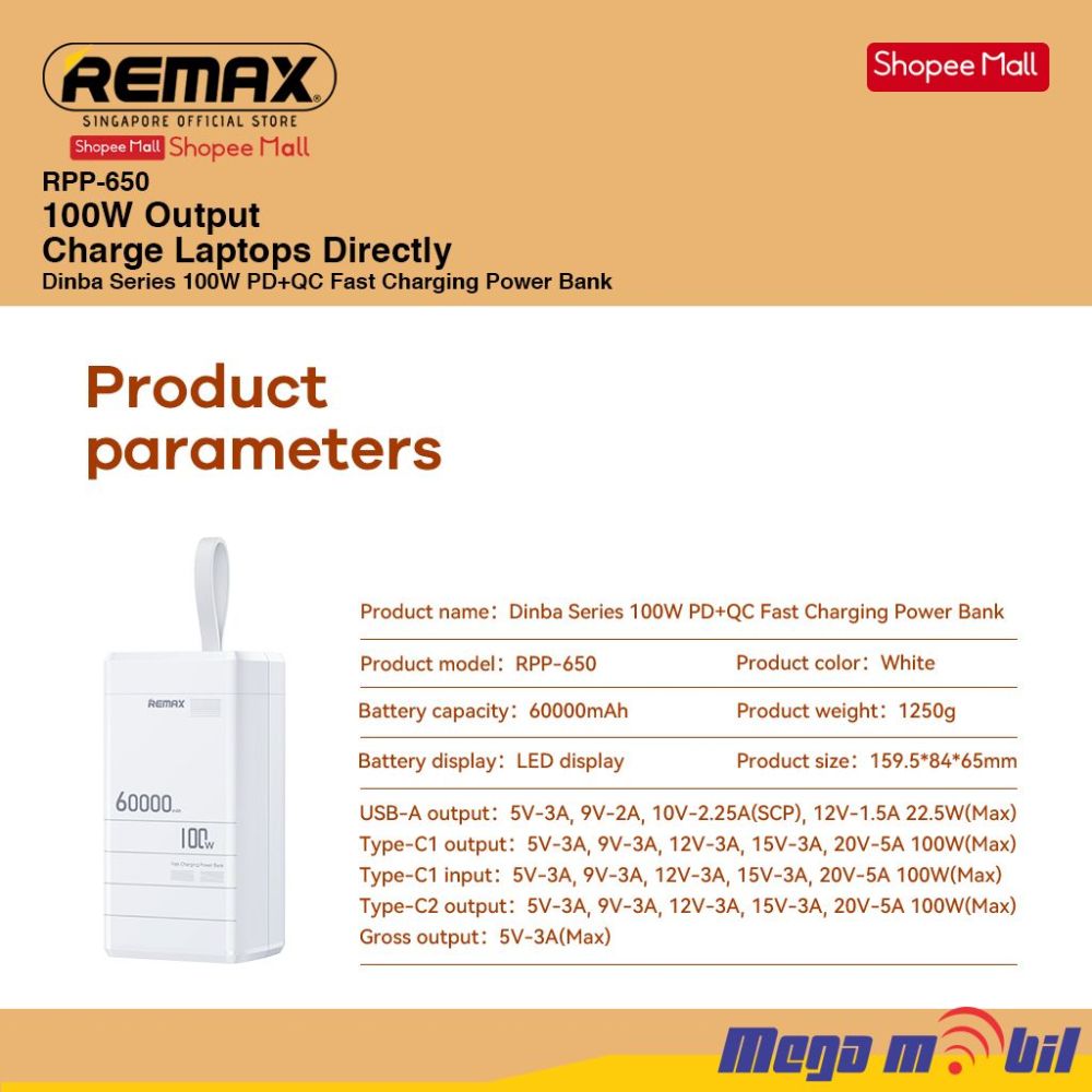Baterija eksterna 60000mAh REMAX Dinba RPP-650 FAST+PD 100W white