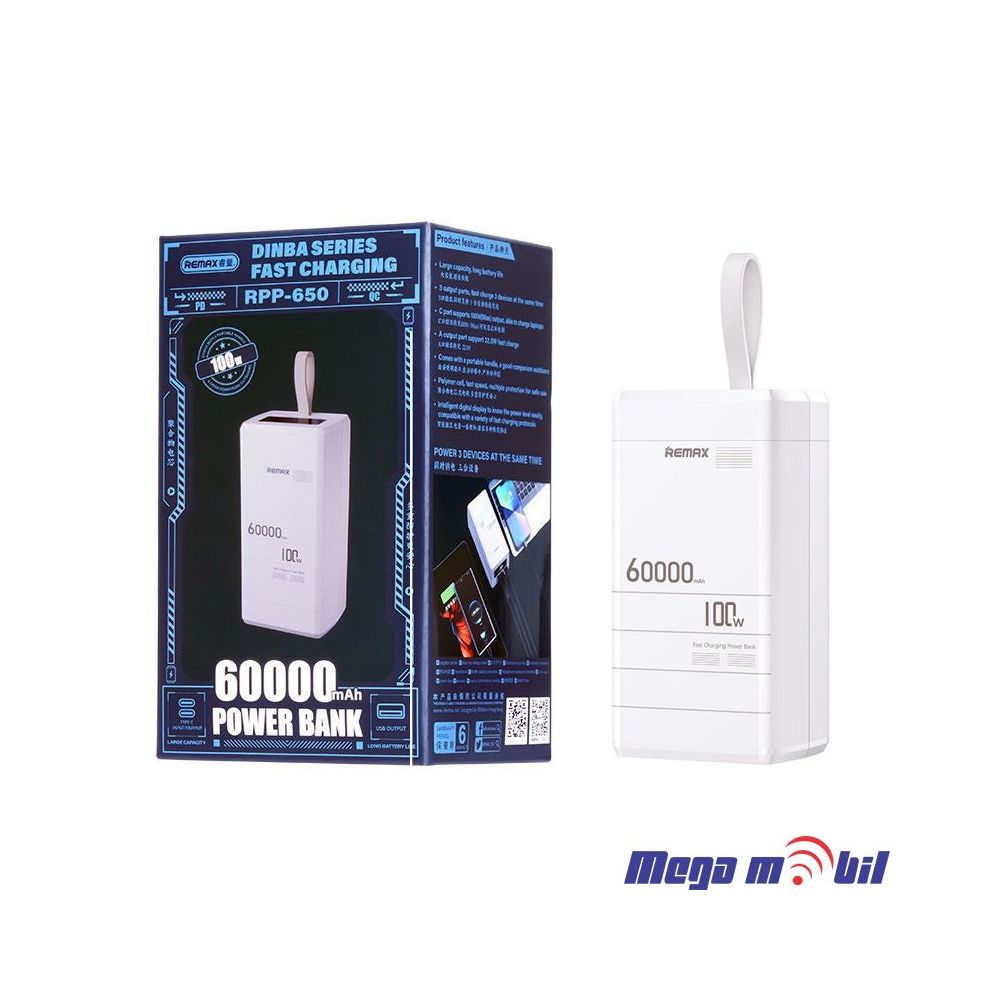 Baterija eksterna 60000mAh REMAX Dinba RPP-650 FAST+PD 100W white