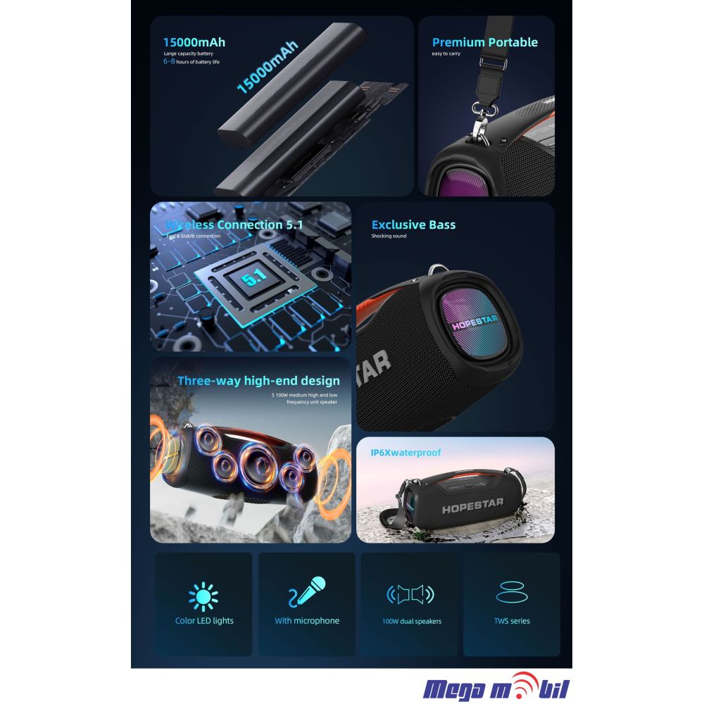 Zvucnik Bluetooth Karaoke Hopestar A60 so mikrofon blue
