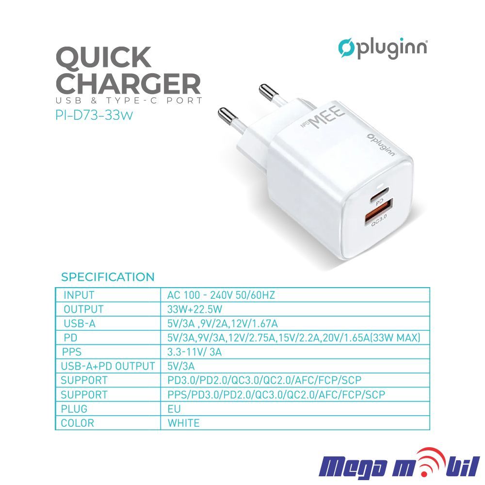 Polnac 220V iPhone Pluginn PI-D73-33w QC3.0 PD3.0 PPS USB-PD GaN 20W+33W, 53W (total) white