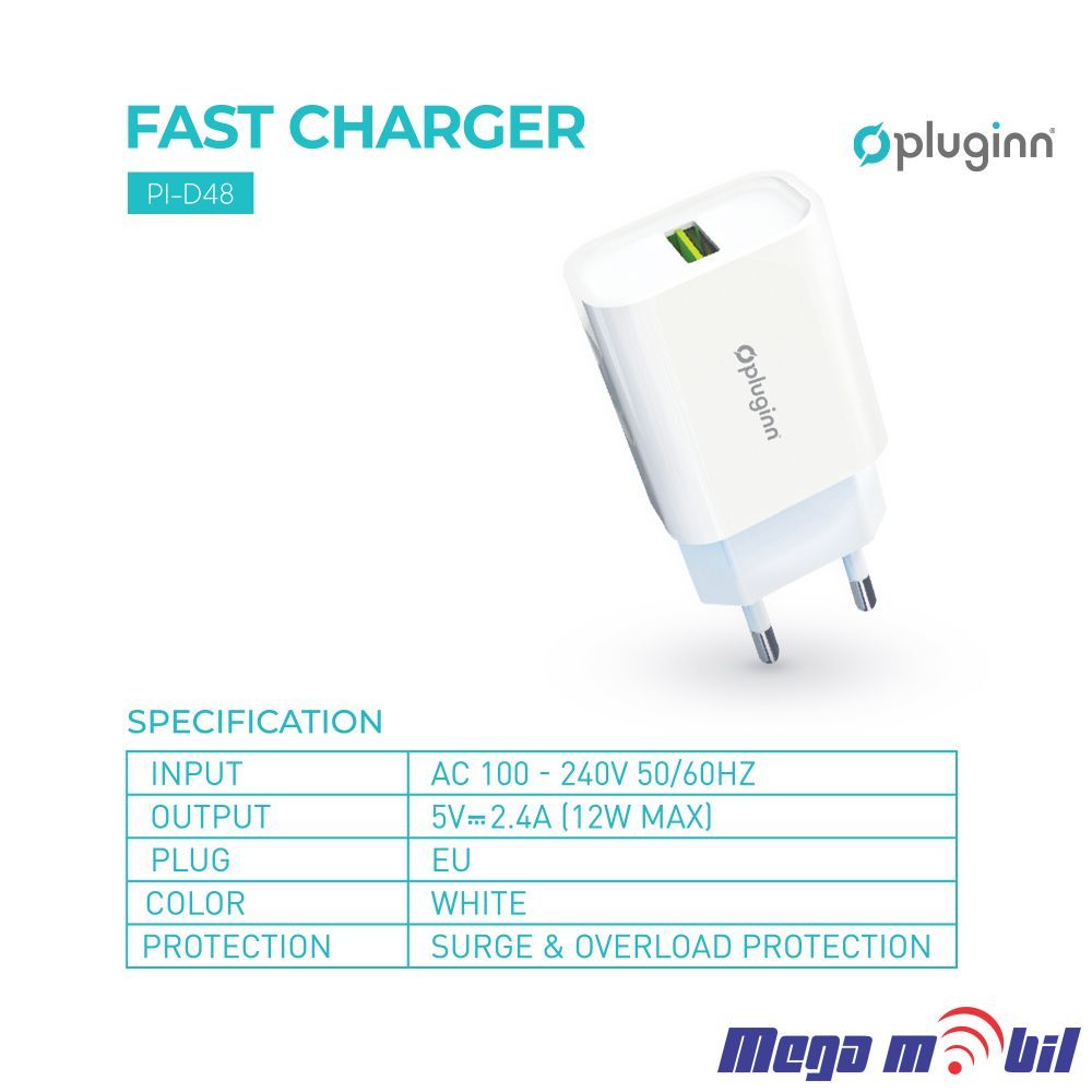 Polnac 220V Type C Pluginn PI-D48 5V 2.4A 12W 1USB white