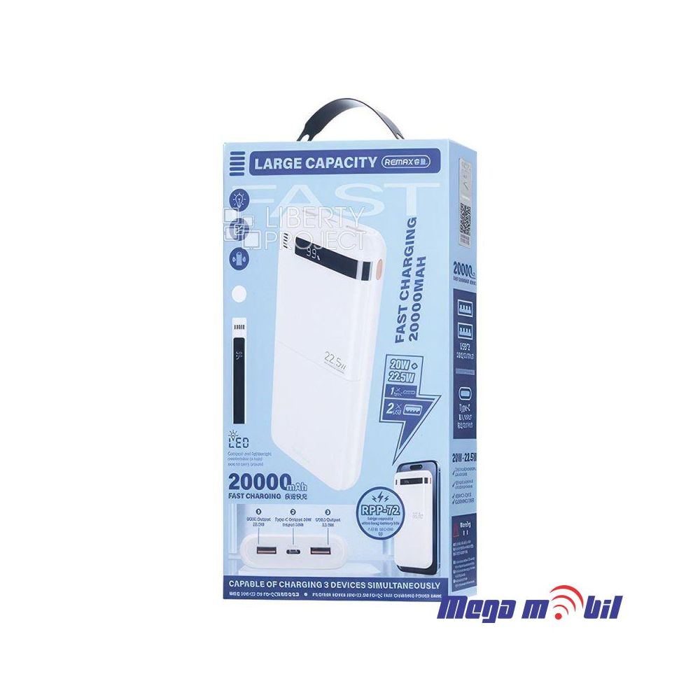 Baterija eksterna 20000mAh REMAX Piloteer RPP-72 FAST 22.5W+PD 20W black