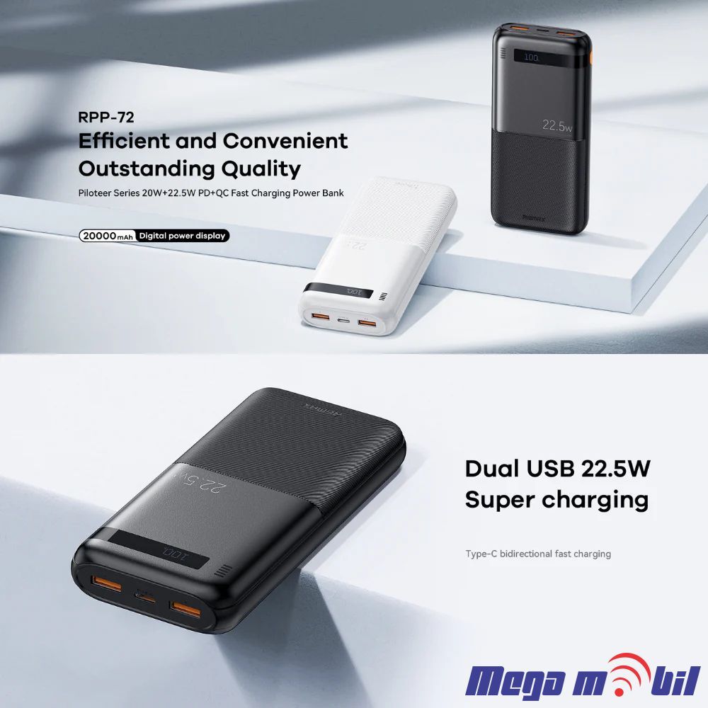 Baterija eksterna 20000mAh REMAX Piloteer RPP-72 FAST 22.5W+PD 20W black