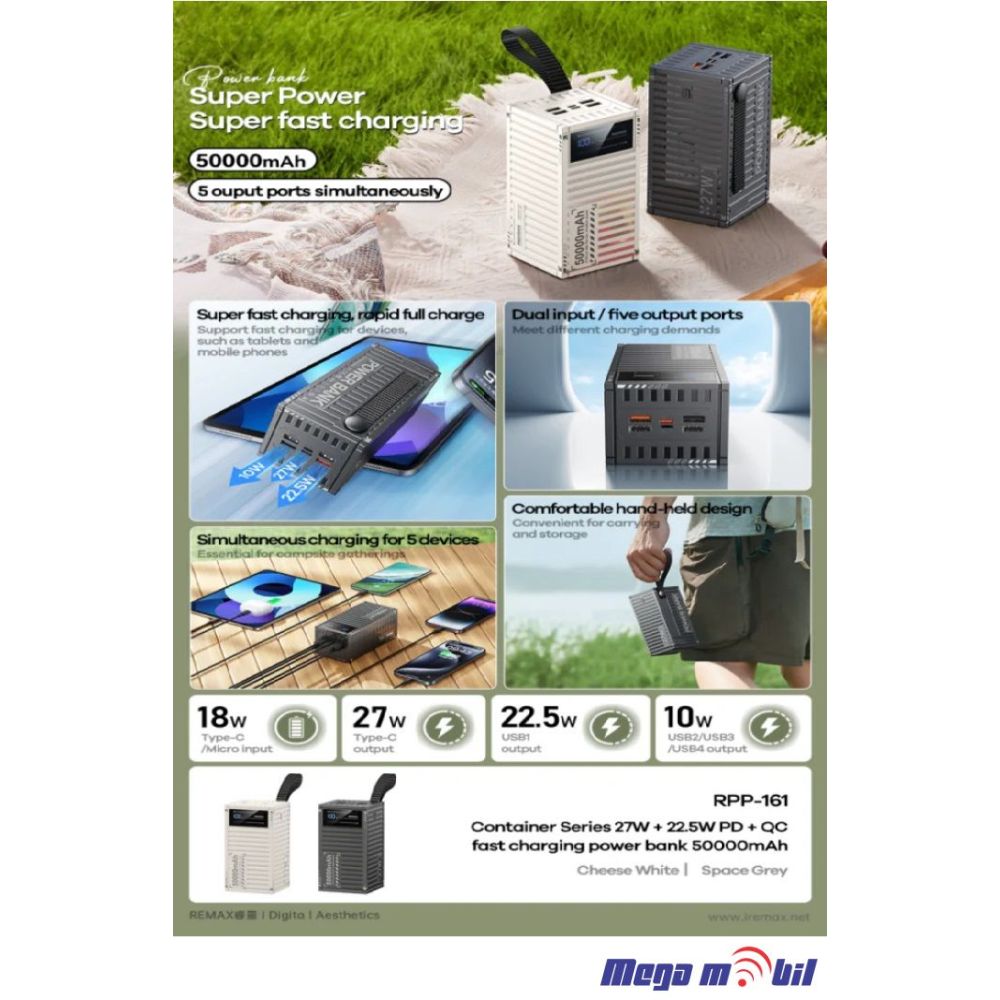 Baterija eksterna 50000mAh REMAX Container RPP-161 FAST 22.5W+PD 27W gray