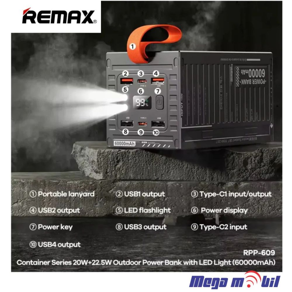 Baterija eksterna 60000mAh REMAX Container RPP-609 FAST 22.5W+PD 20W gray