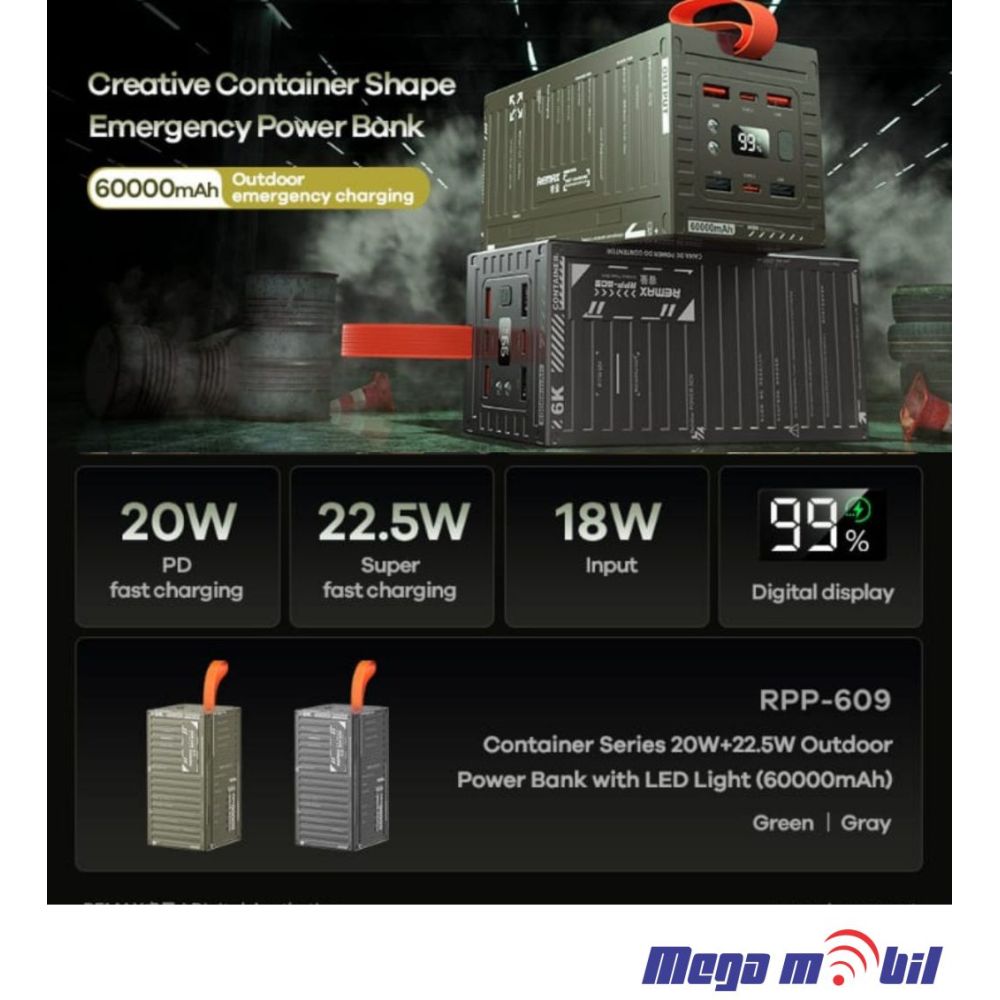 Baterija eksterna 60000mAh REMAX Container RPP-609 FAST 22.5W+PD 20W gray