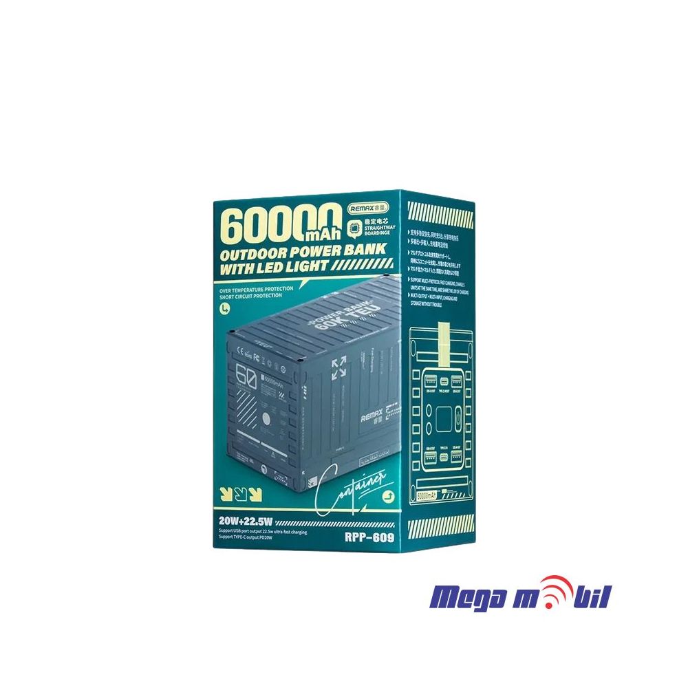 Baterija eksterna 60000mAh REMAX Container RPP-609 FAST 22.5W+PD 20W gray