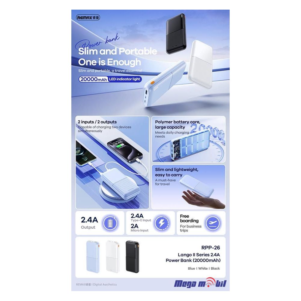 Baterija eksterna 20000mAh REMAX Lango II RPP-26 blue