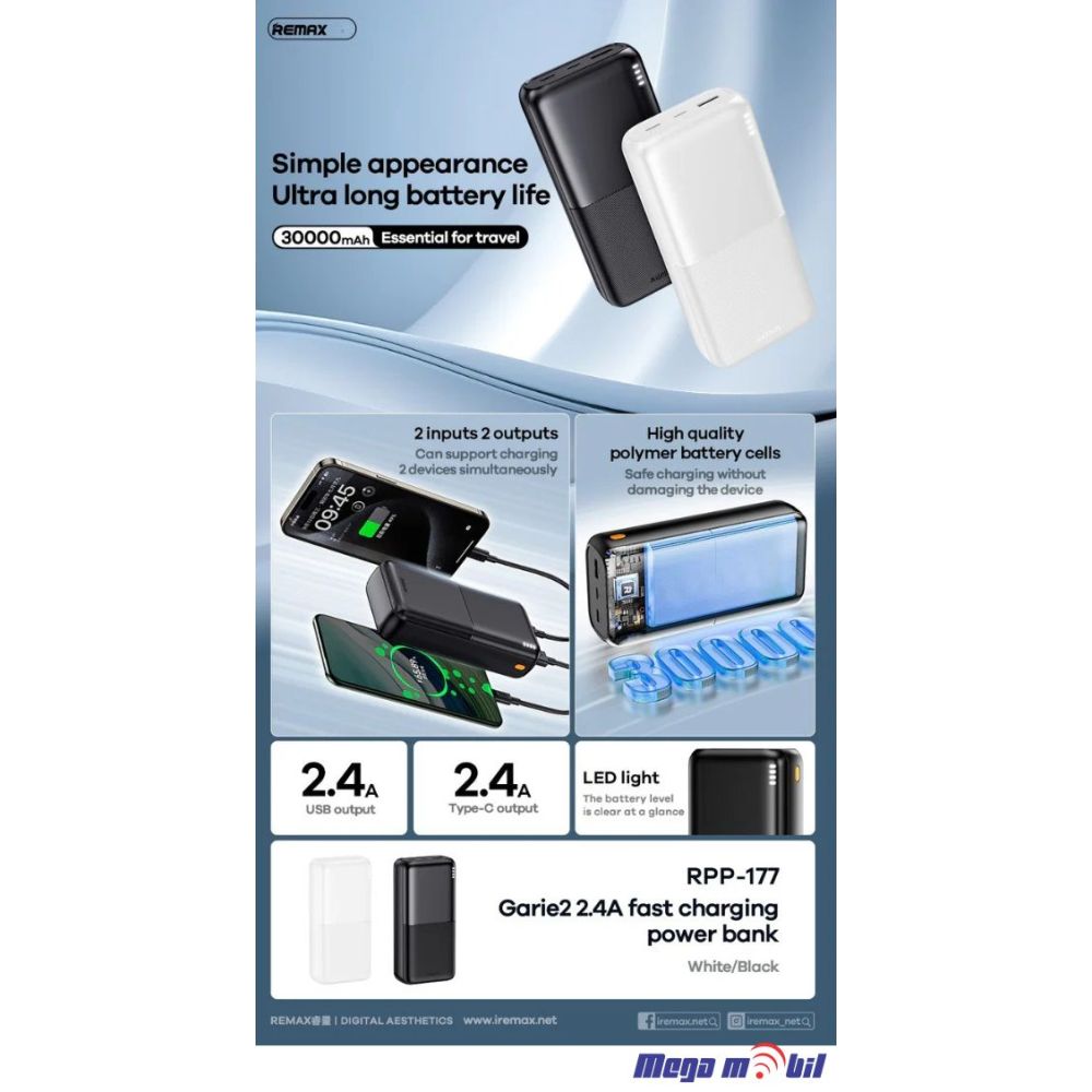 Baterija eksterna 30000mAh REMAX Lango II RPP-177 white