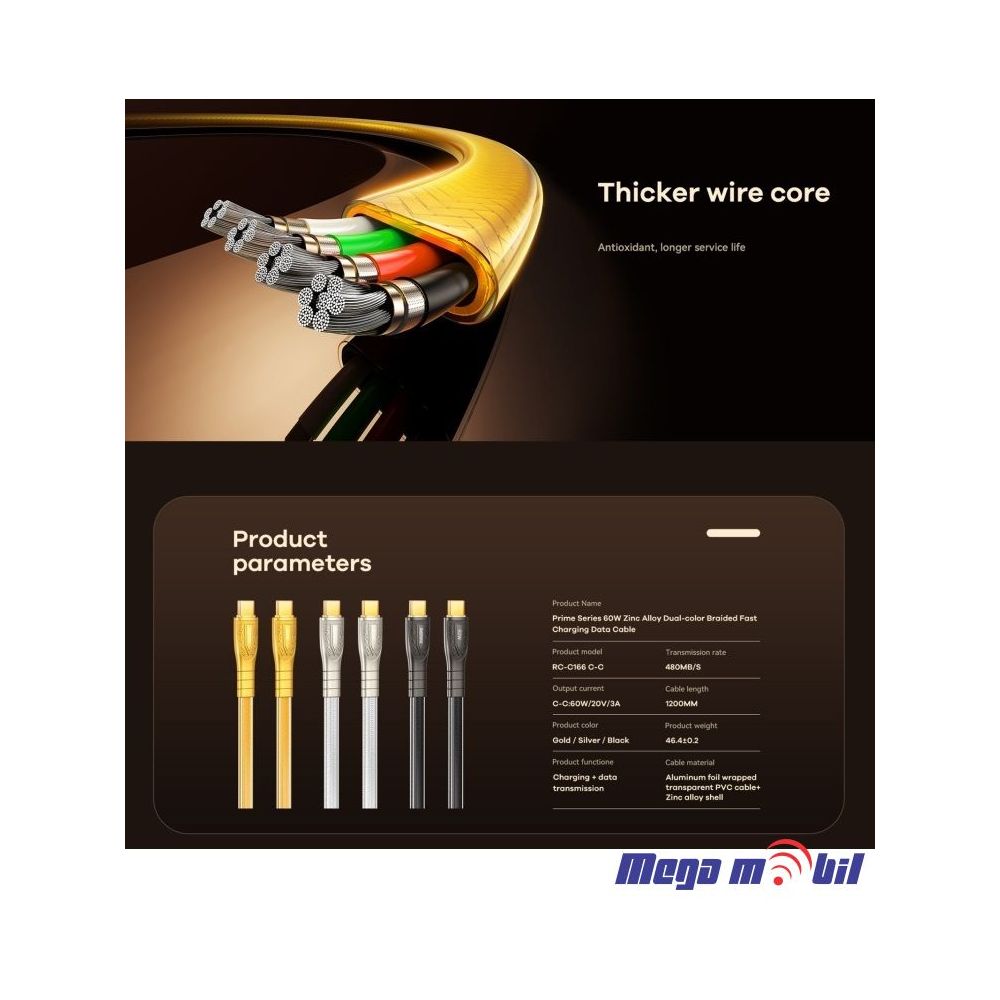 Data Kabel Type C PD REMAX Prime RC-C166 60W 1.2m Fast silver
