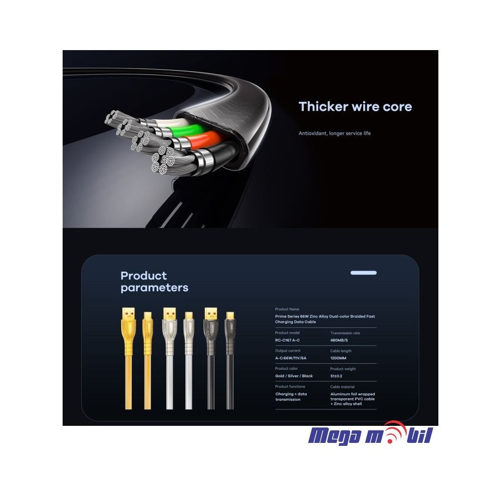 Data Kabel Type C REMAX Prime RC-C167 66W 1.2m Fast silver