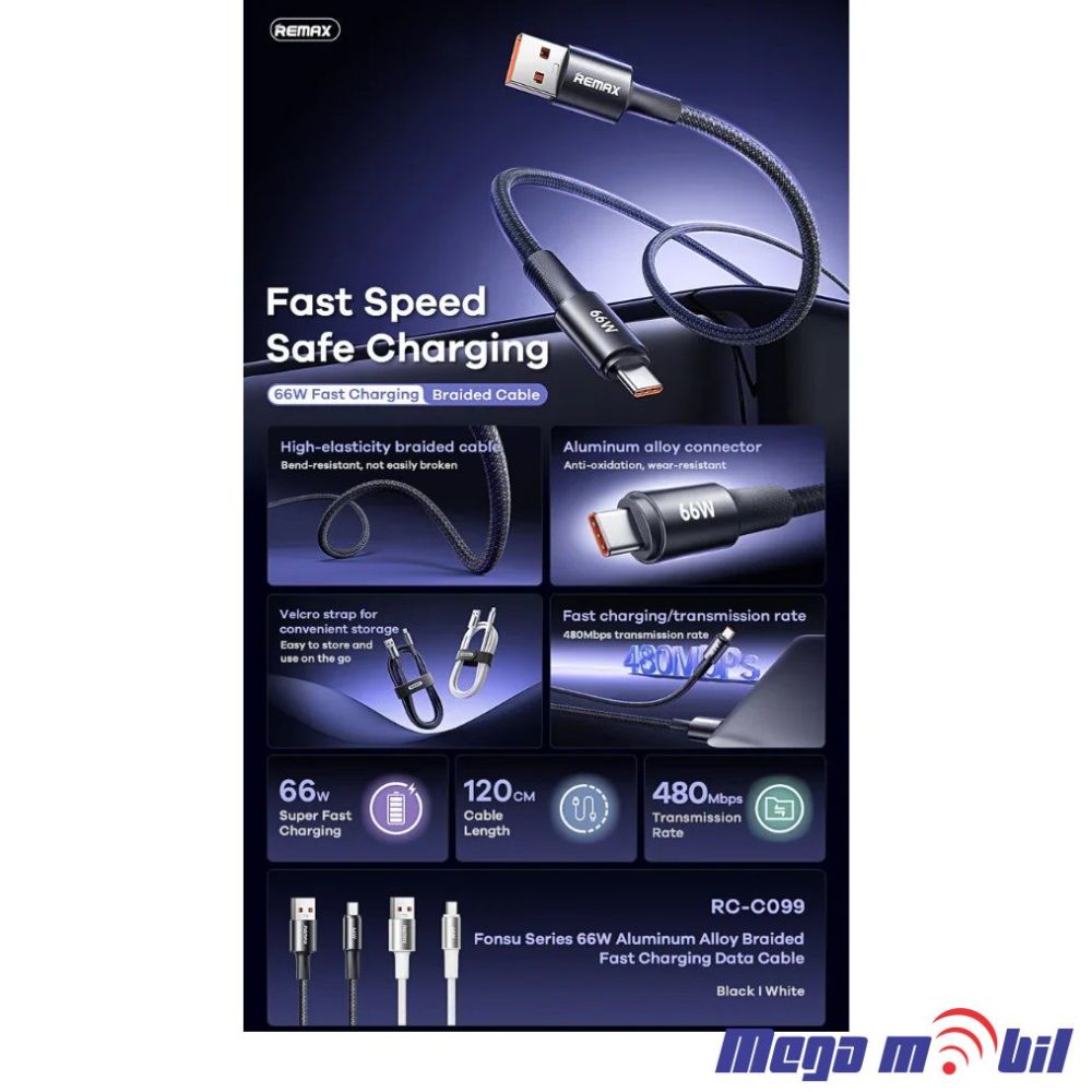 Data Kabel Type C REMAX Velocity CB23 66W 1.2m Fast black