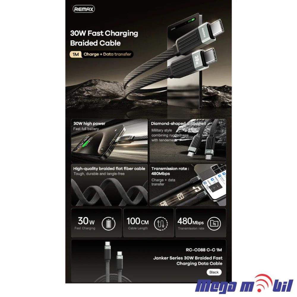 Data Kabel Type C PD REMAX Janker RC-C088 30W Fast black