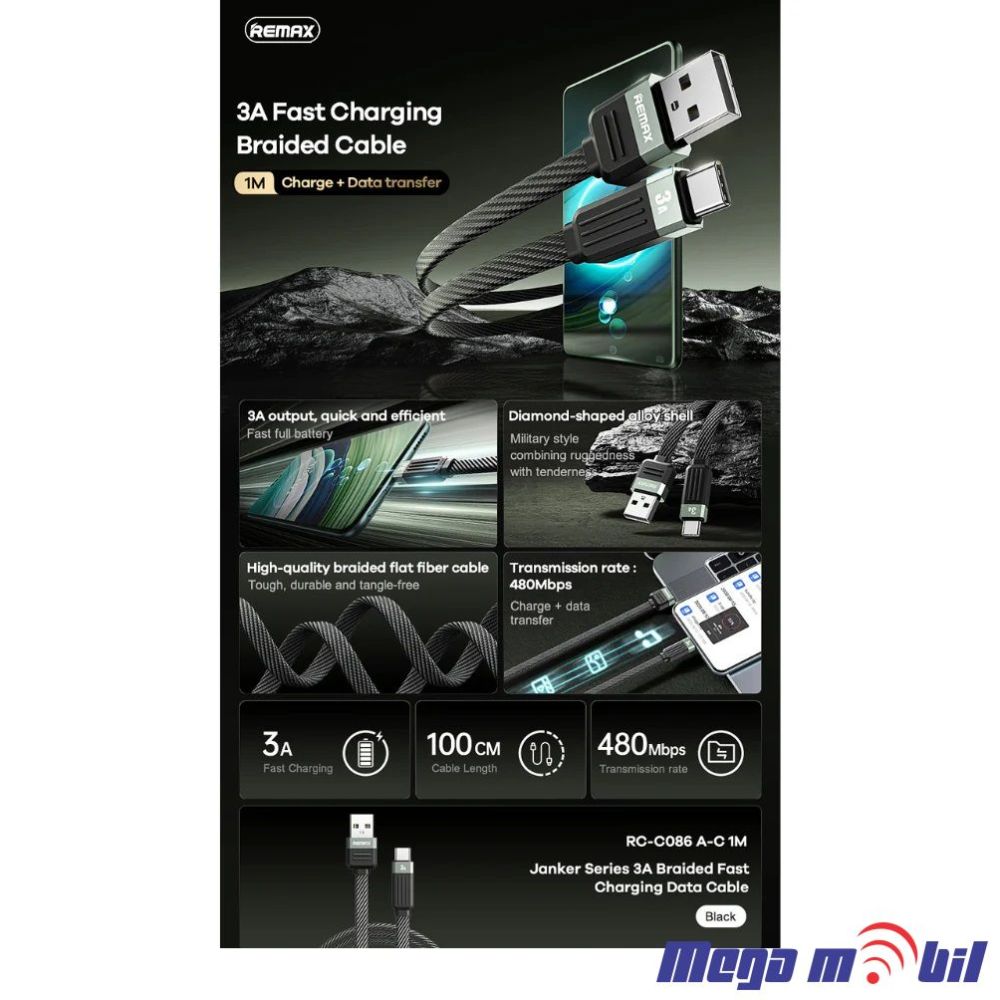 Data Kabel Type C REMAX Janker RC-C086 3A Fast black