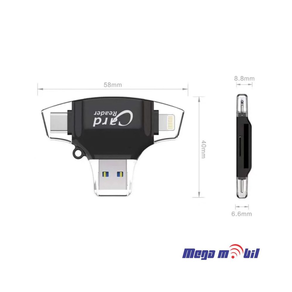 Citac za memoriska kartica SD micro SD na Type C Lightning USB 2.0 JWD-84 crn