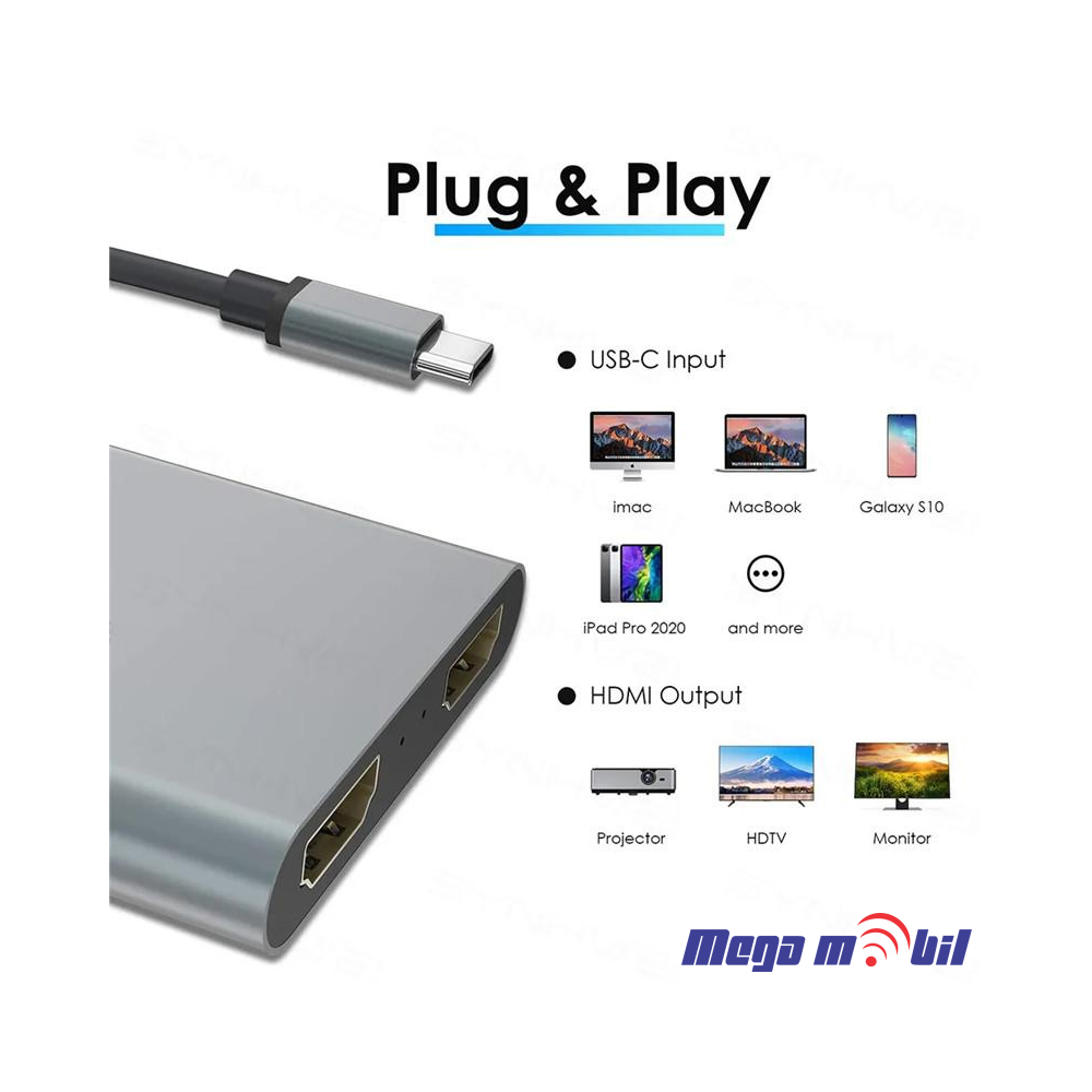 Adapter Terabyte Type C na HDMIx2 PD USB 3.0 4vo1 